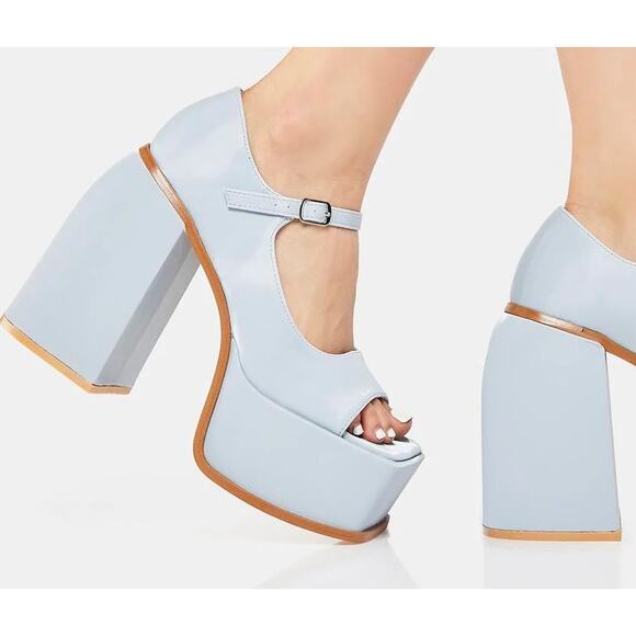 Ocho Toros Platform Heels Women 7.5 Tampico Baby Blue T-Strap Chunky Mary Jane - Picture 3 of 16